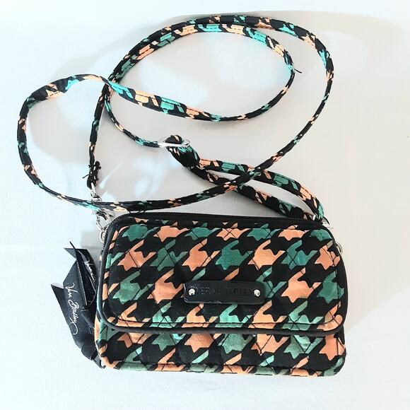 Vera Bradley Mini Crossbody Bag Wallet Black Orange Green Hounsthooth Pattern - Picture 1 of 7